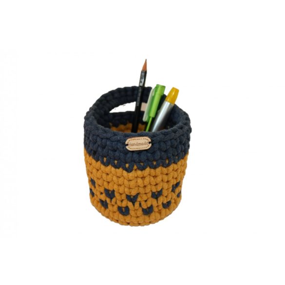 Horgolt tolltartó - mustár sárga, farmerkék szín, mintás